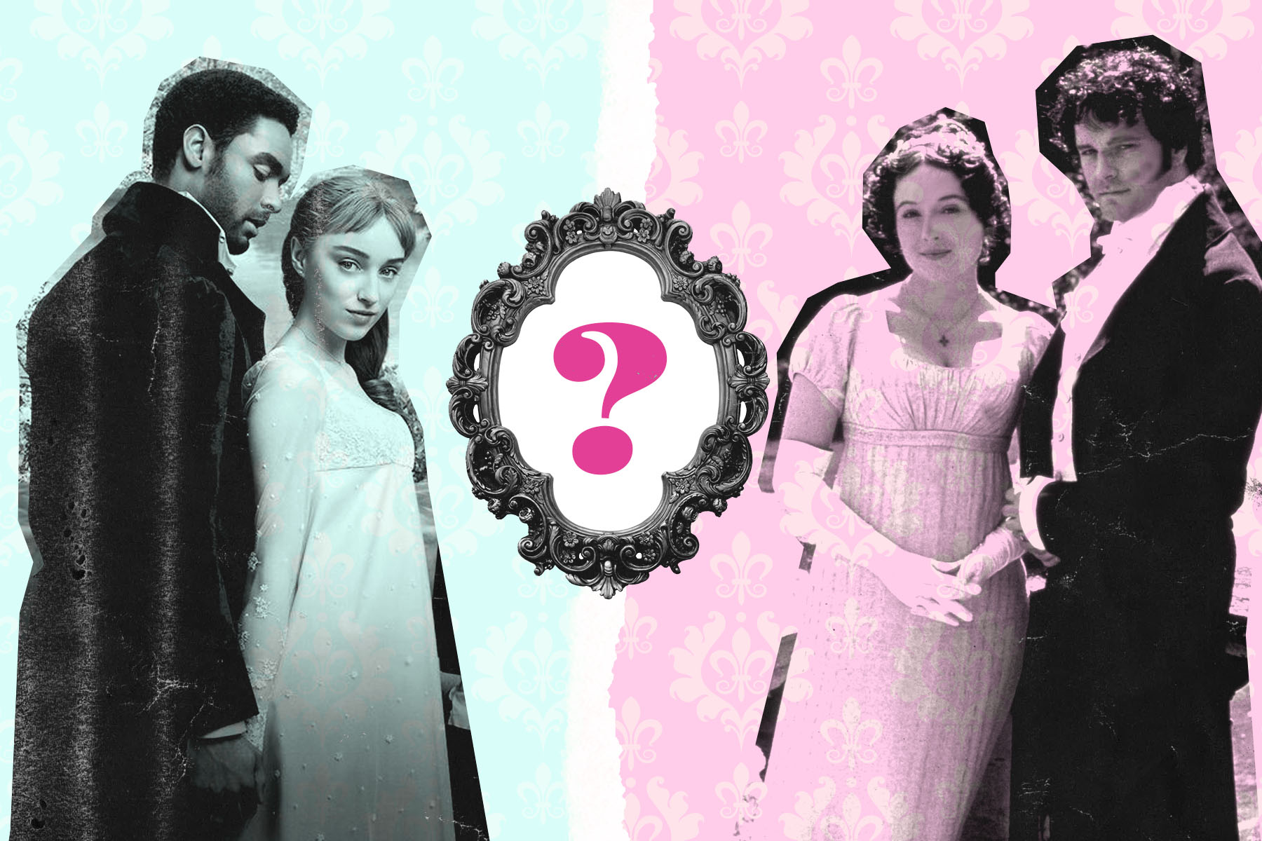 Assorted characters from Bridgerton and Pride and Prejudice, with a question mark separating them.