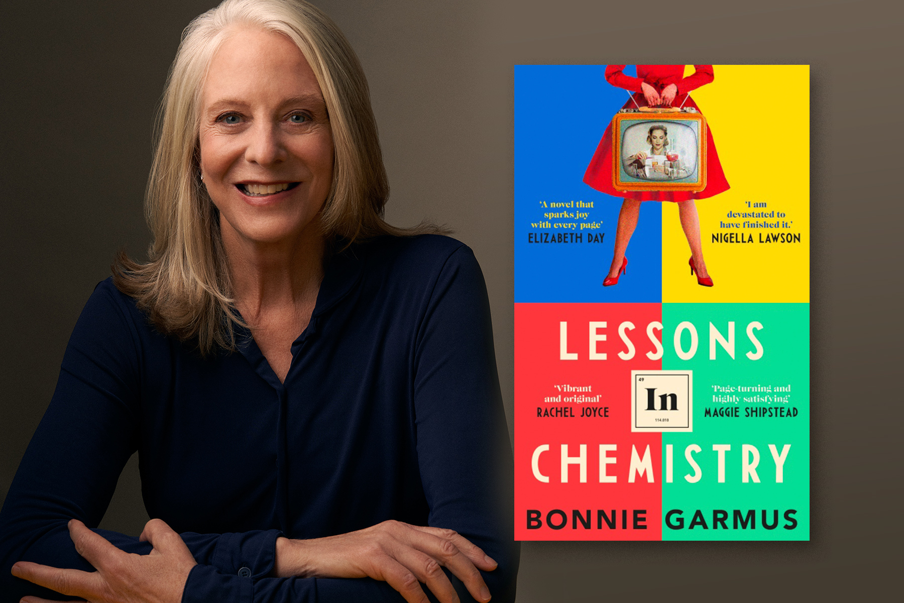 Image of Bonnie Garmus next to a cover of her book Lessons in Chemistry