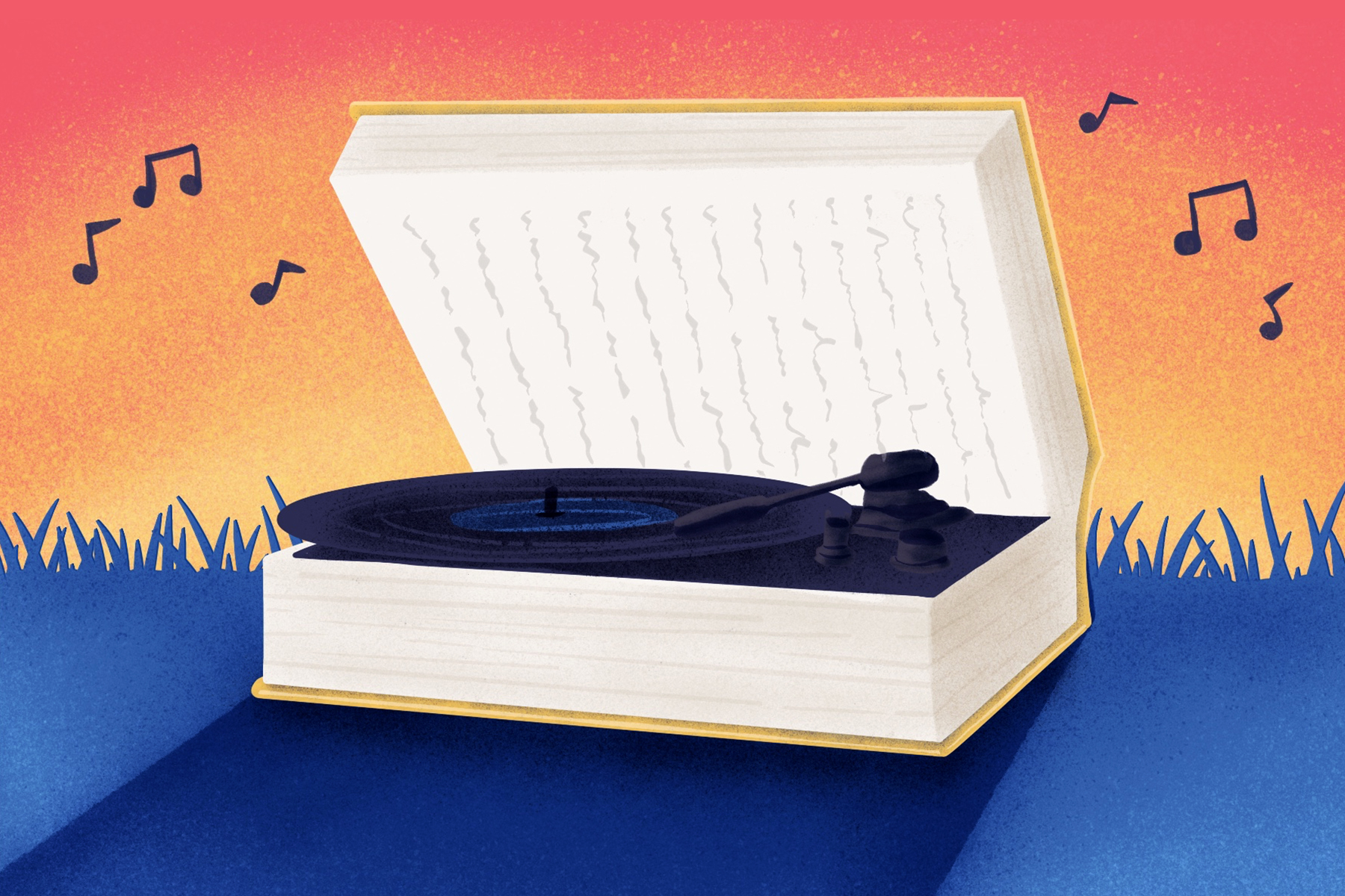 An illustration of an open book, shaped like a phonograph.