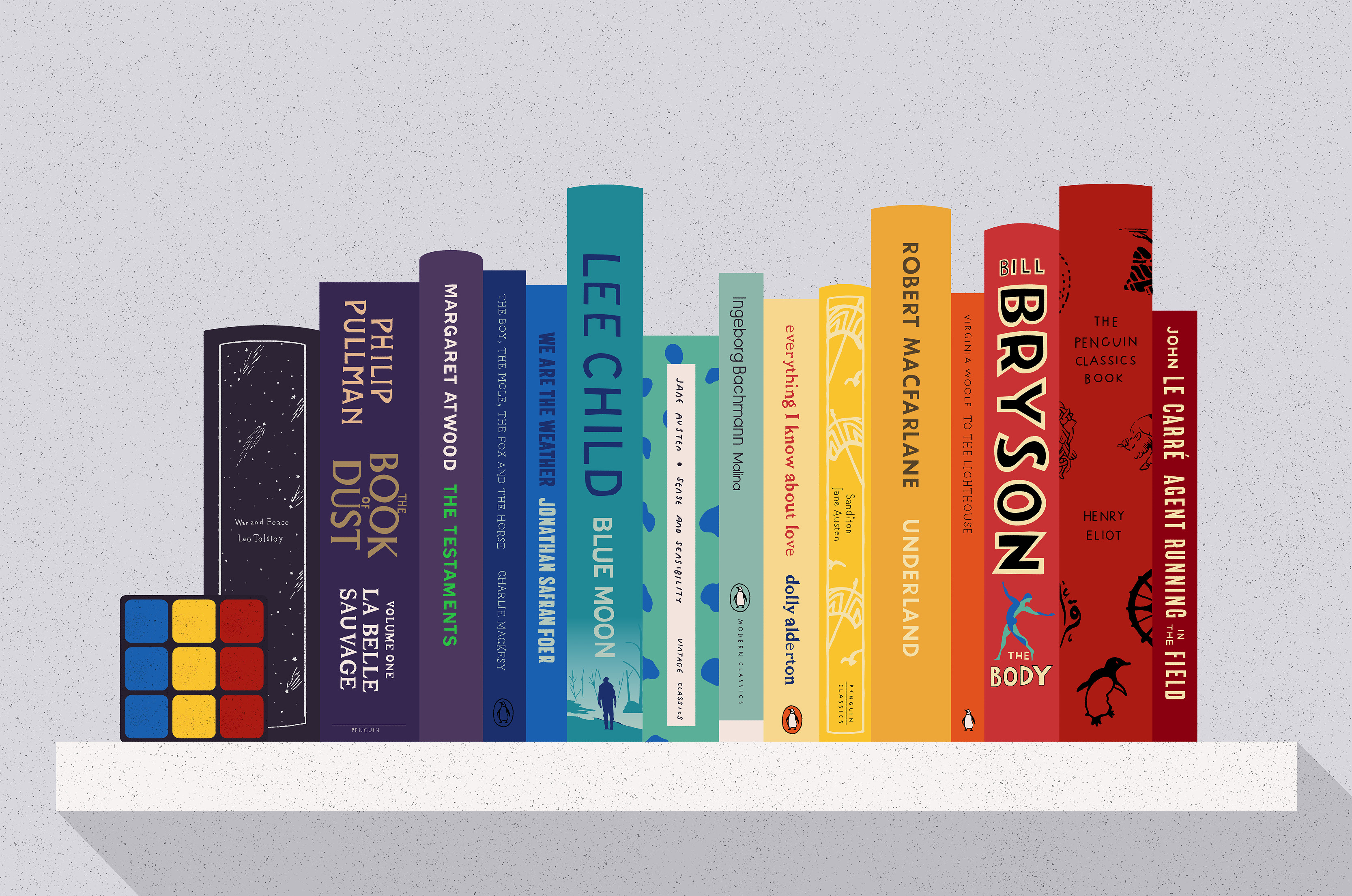 An illustration of a colour-coded bookshelf.