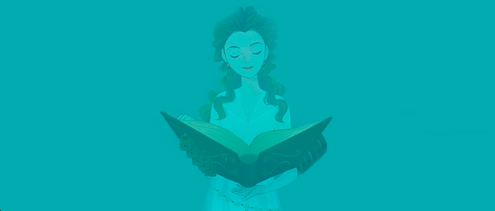 An illustration of a female character reading from a book on a teal background