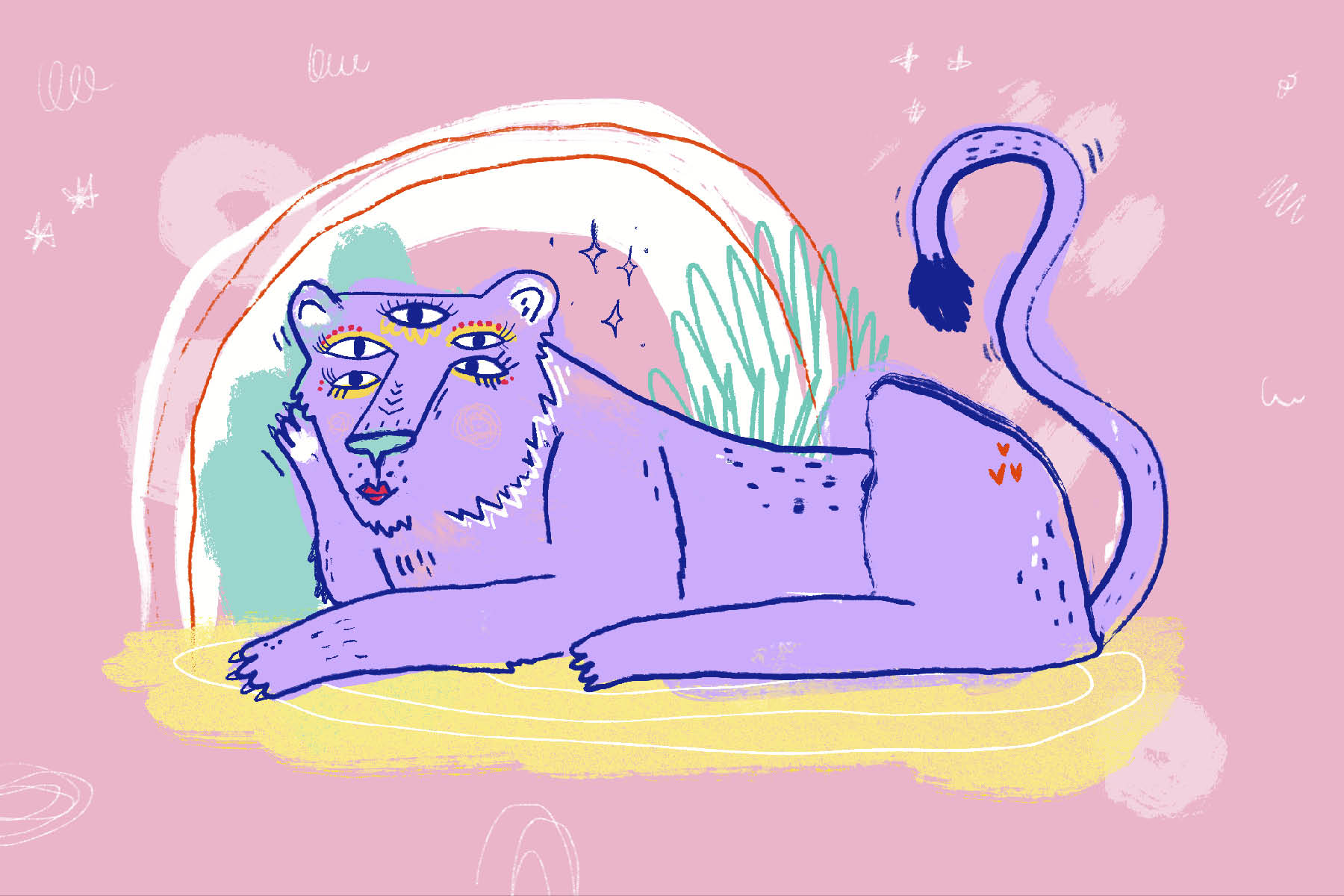 A drawing of a pink lion lying down against a yellow background