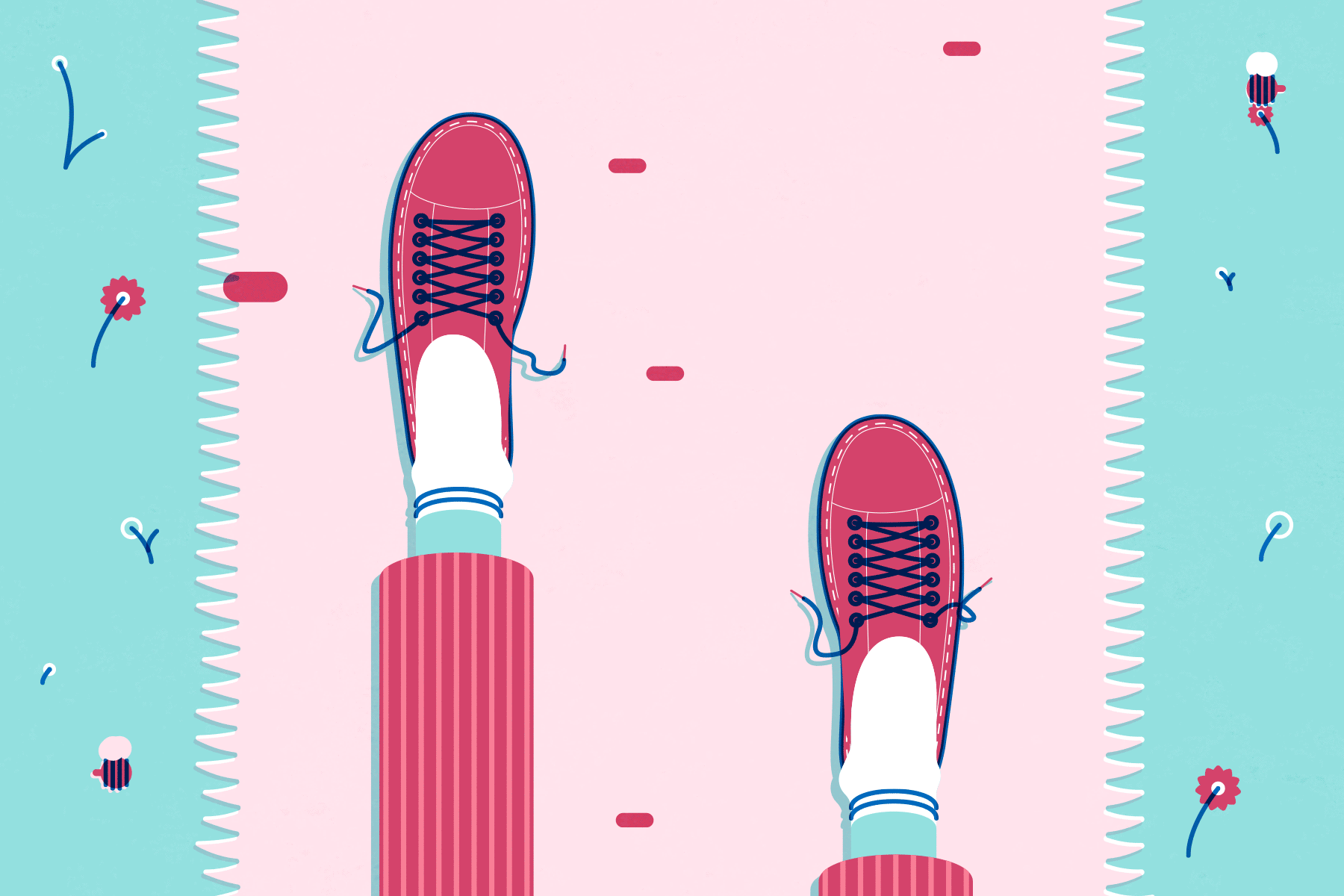 A point-of-view illustrated gif of feet walking over different terrain, in pink hues
