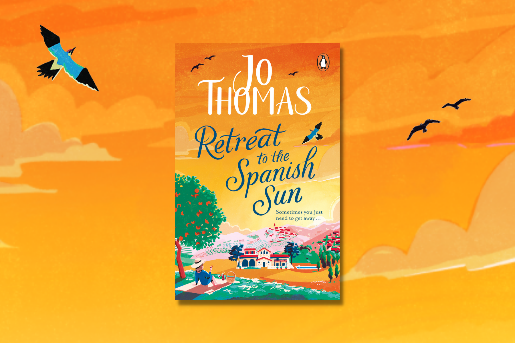 Retreat to the Spanish Sun by Jo Thomas against an orange sky background.
