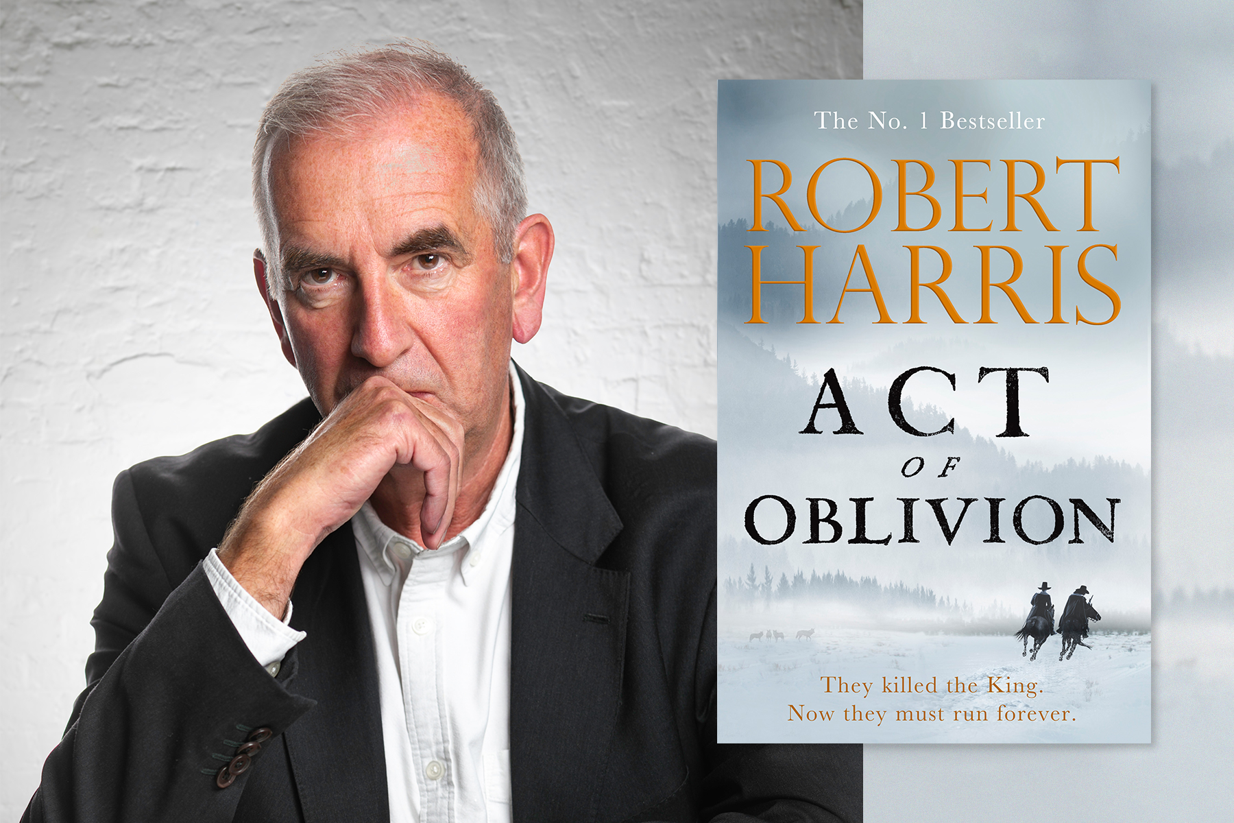 A photo of author Robert Harris, with the cover of his book Act of Oblivion