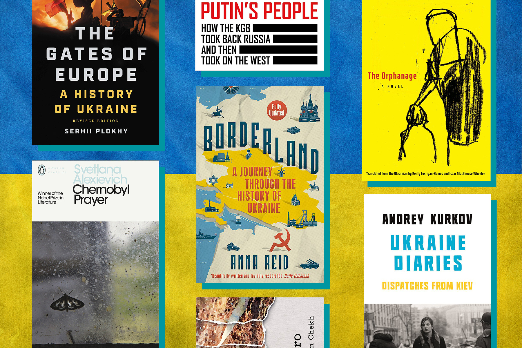 Images of book covers on the colours of the Ukraine Flag