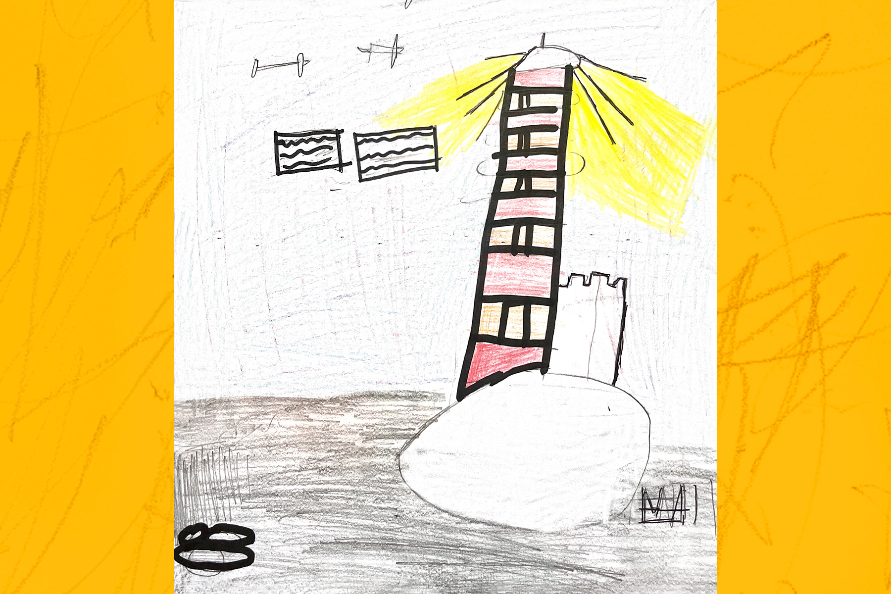 A child's drawing of the book cover of Letters from the Lighthouse