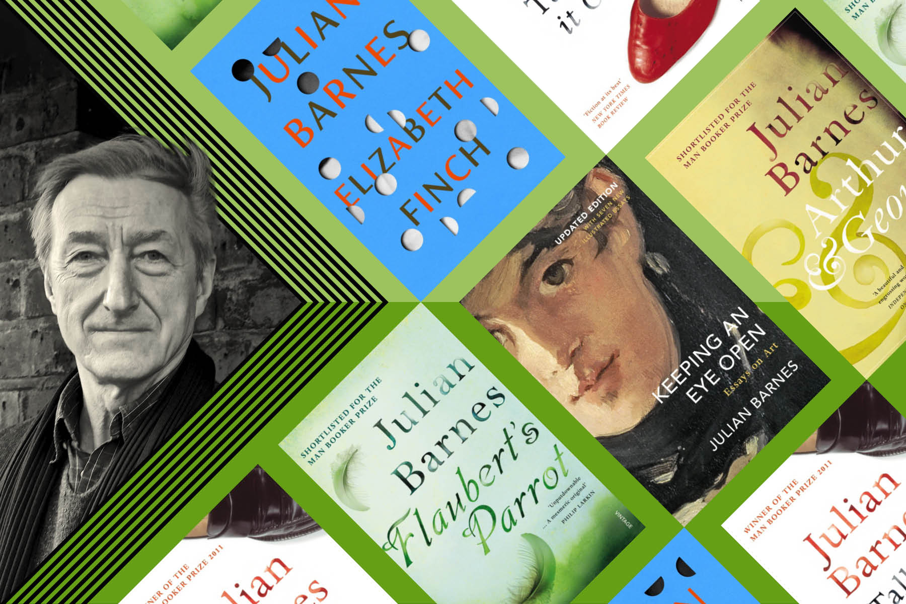 A black-and-white photograph of Julian Barnes, on the left, next to a large green arrow towards a flatlay of his book covers