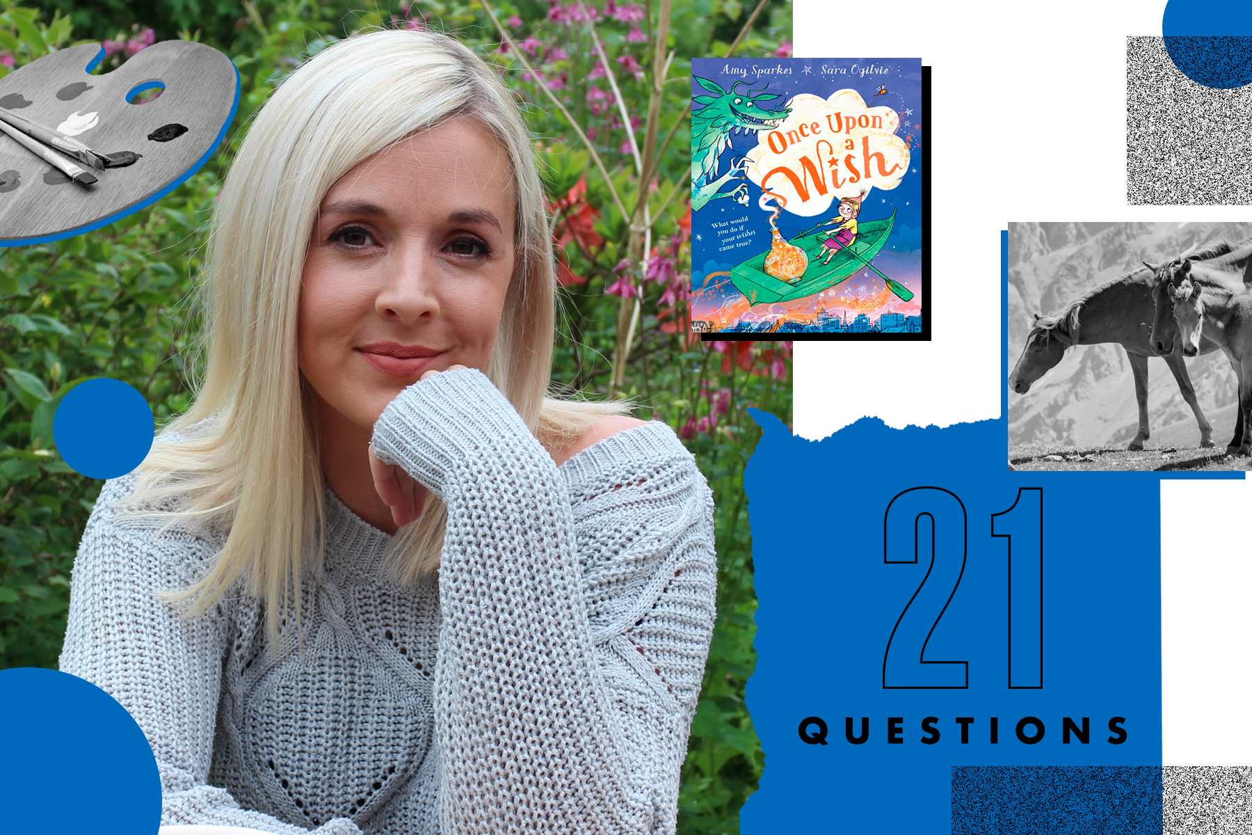 A photo of author Rachel Morrisroe, next to a graphic with the interview title, 21 Questions