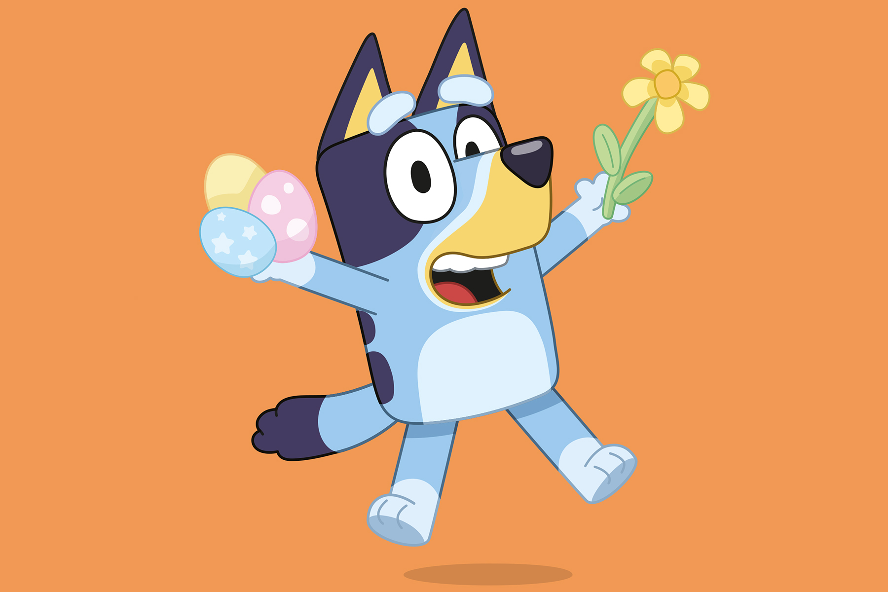 An illustration of Bluey jumping on a orange background as she holds three Easter eggs and a flower