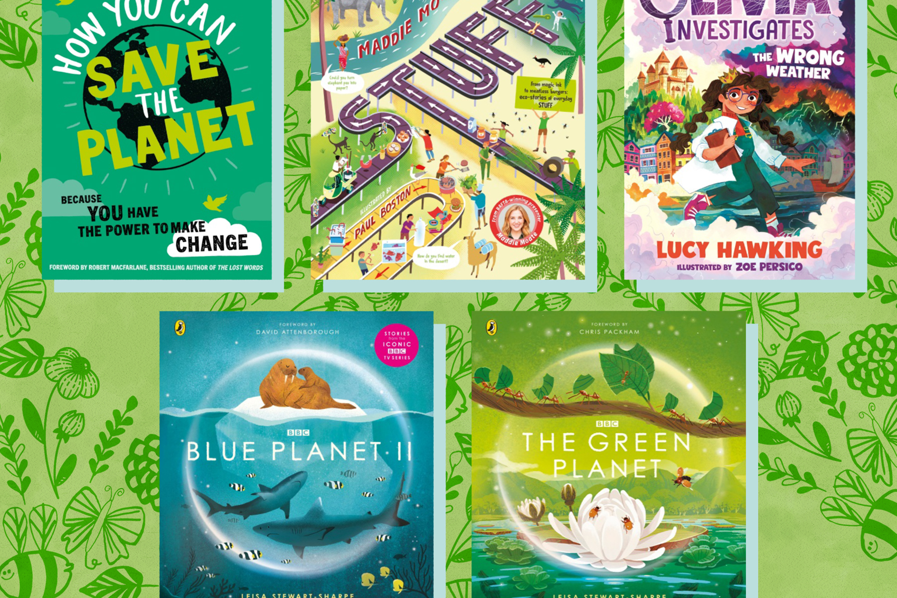 A picture of five books to teach kids about the environment against a light green background with nature illustrations