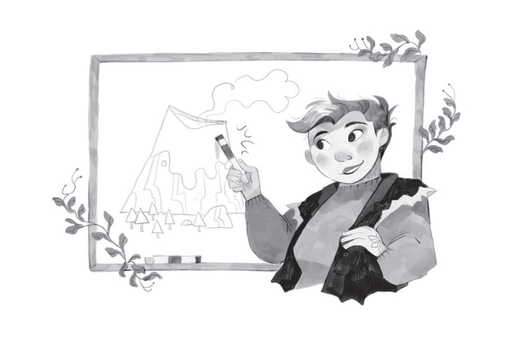 An illustration from Princess Olivia Investigates: The Wrong Weather showing the teacher Dr Mizuki standing in front of a whiteboard that shows a picture of a volcano