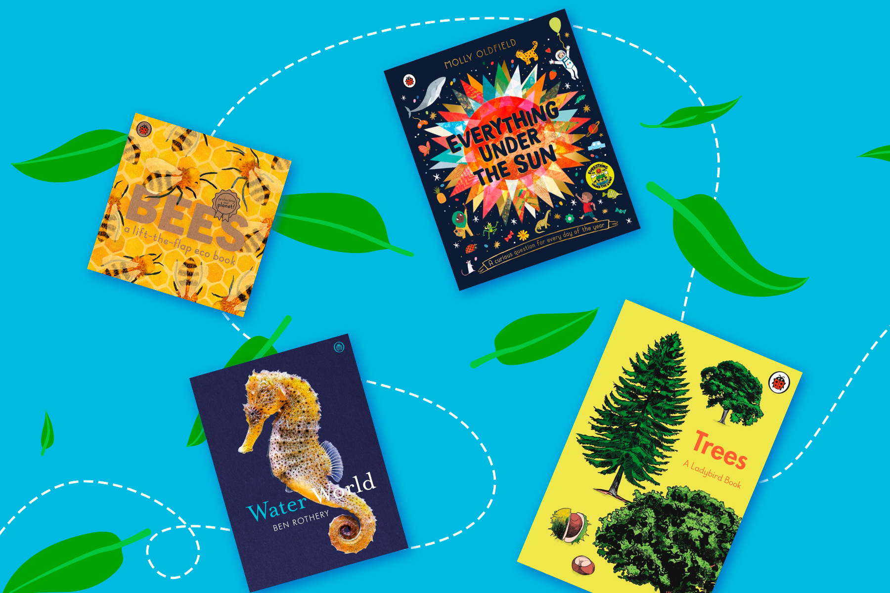 An image of four nature books on a light blue background withe green leaves