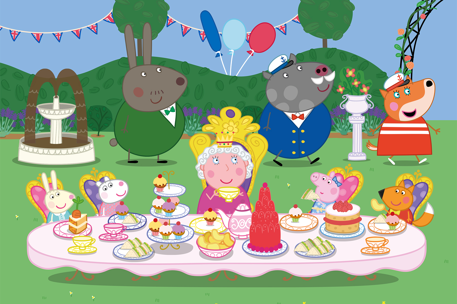 An illustration from Peppa's Royal Party that shows Peppa and her friends sitting with the Queen in her garden enjoying an afternoon tea