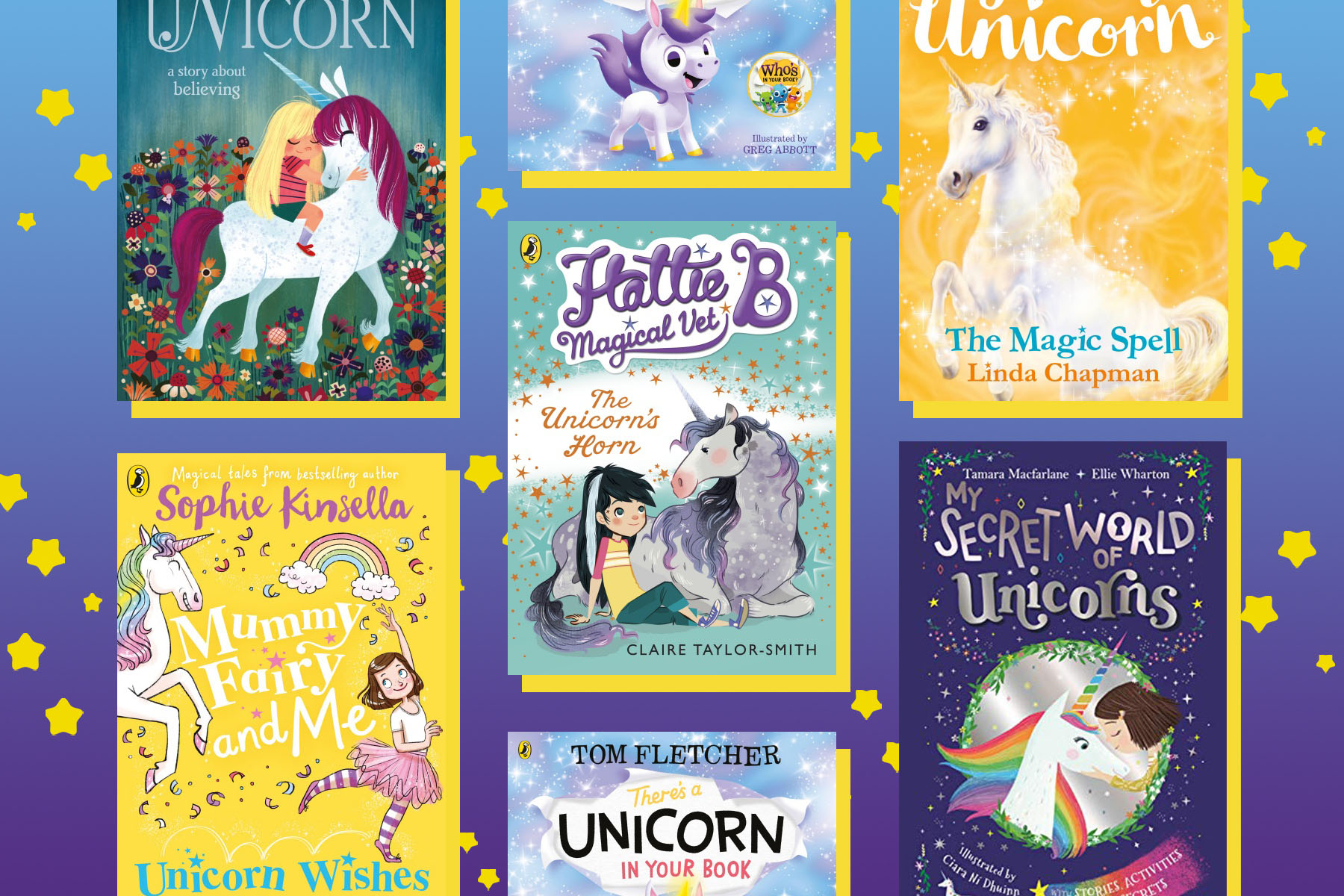 A picture of a selection of unicorn books on a blue and purple ombre background with yellow stars