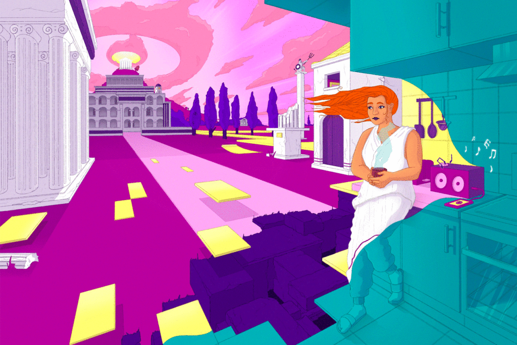 A drawing of a woman caught between two worlds; one is in pink, and depicts Ancient Greece, the other, on the right hand side, is of a modern home environment in dark blue. A speaker emits noise on the kitchen worktop.