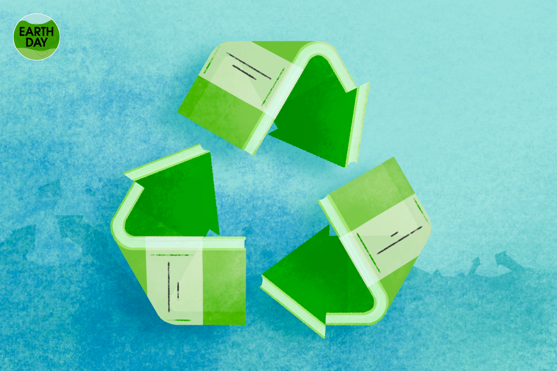 An illustration of a recycling logo made up of green books