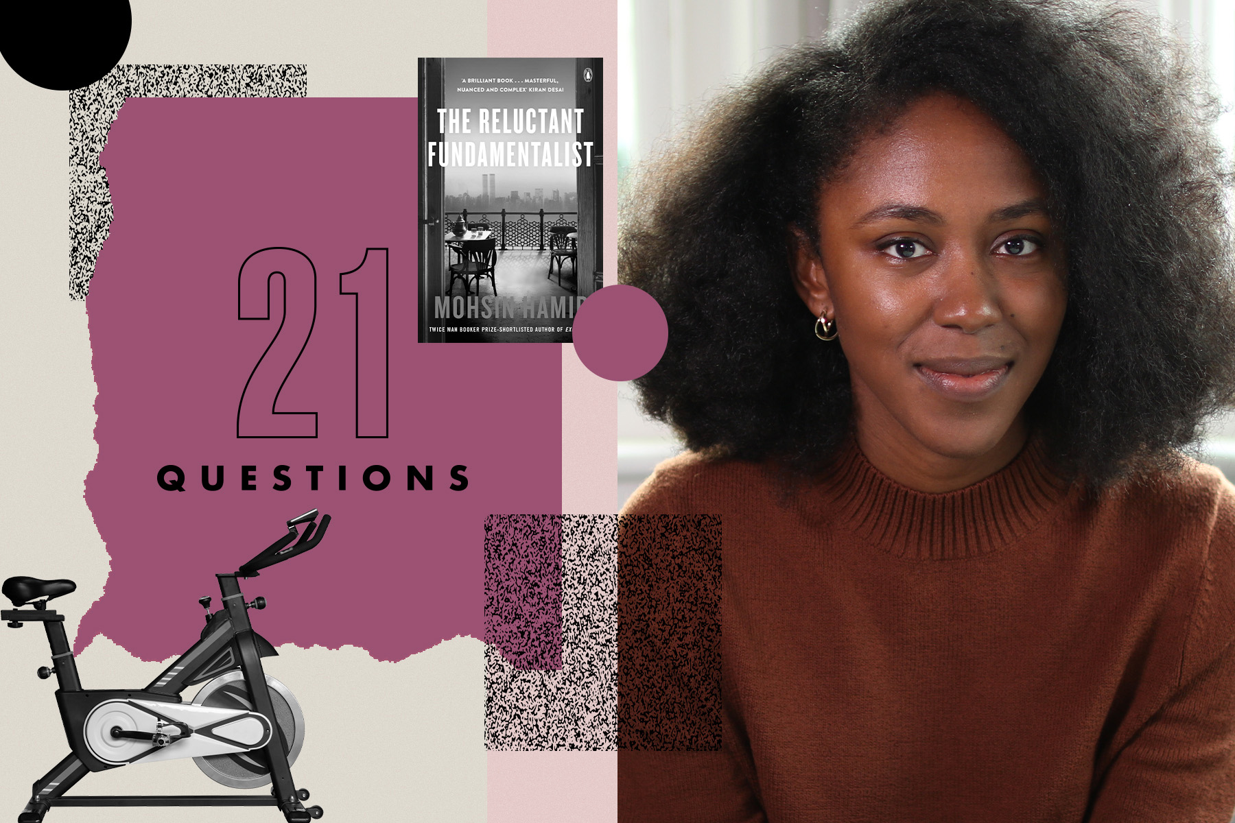 A photo of Natasha Brown, author of Assembly, side-by-side with the interview title, 21 Questions, on a burgundy and grayscale background.