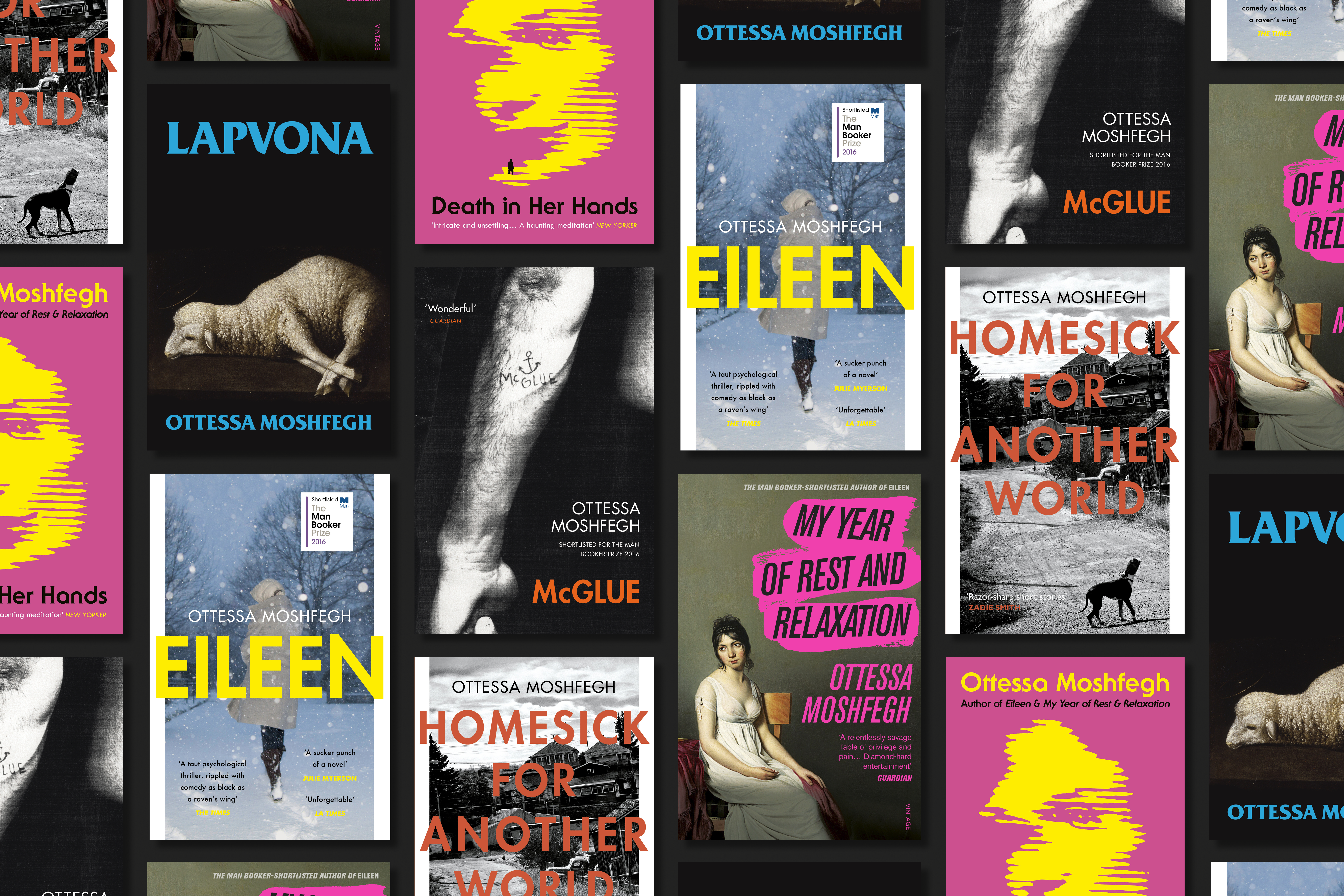 Image featuring all of Ottessa Moshfegh's book covers on a black background.