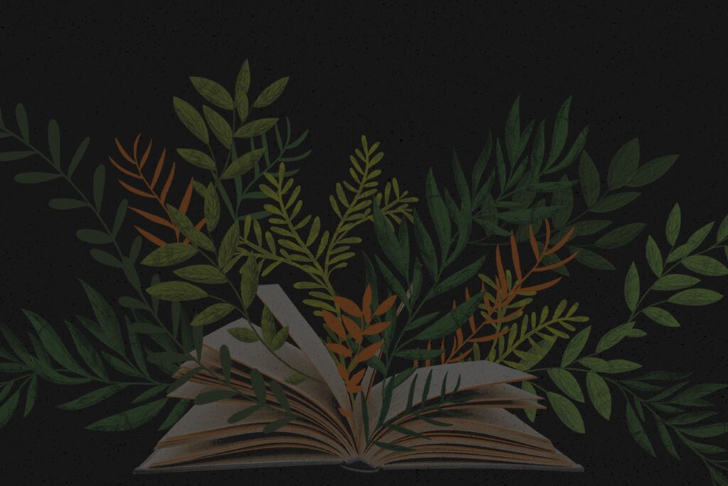 A black background with illustrated plant life emerging from a book