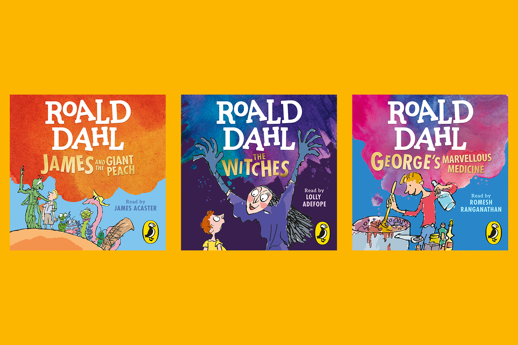 An image of three Roald Dahl audiobooks, against a marigold background