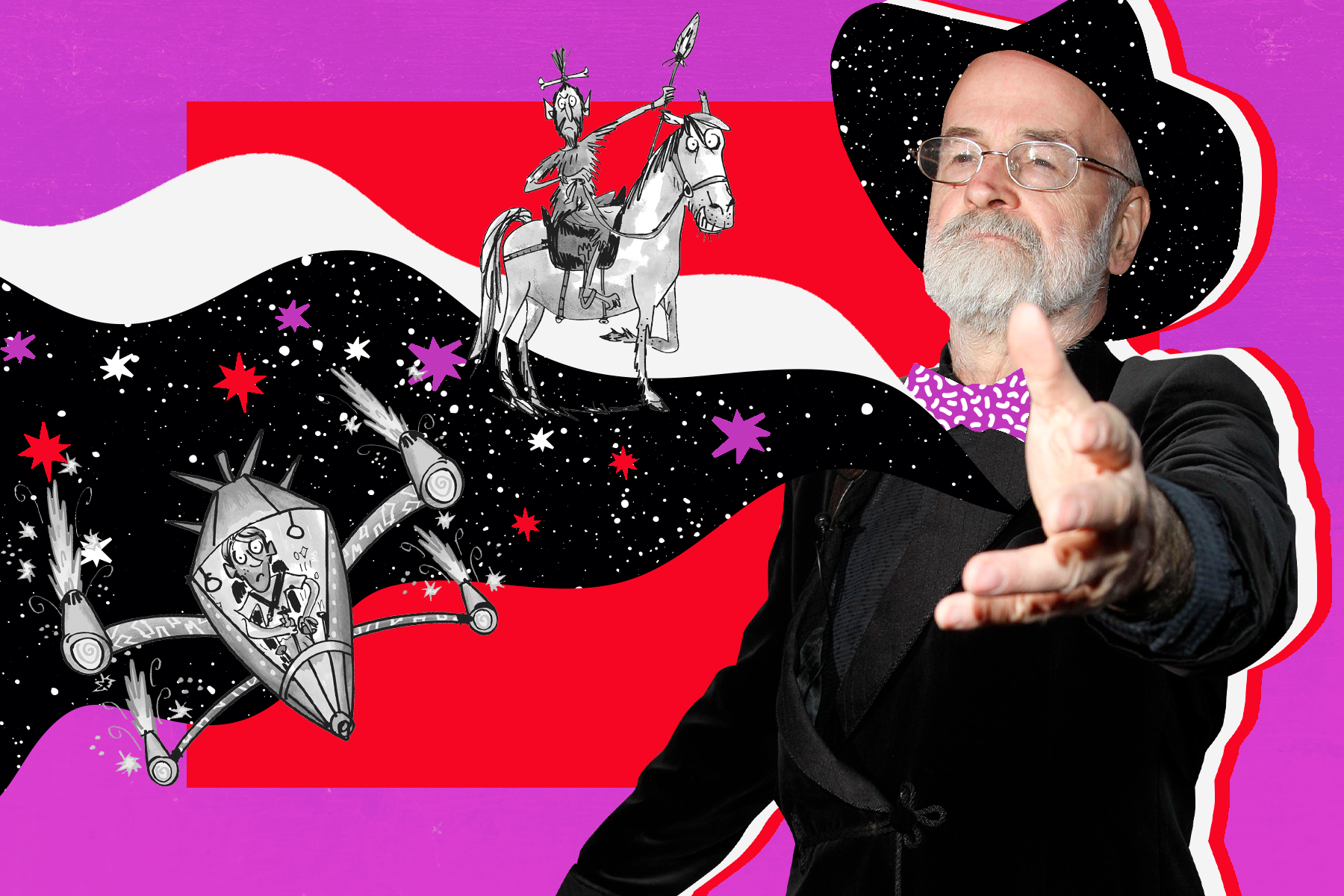 An image of the author Terry Pratchett, on a red and purple background, holding out his hand as though he is casting a spell and there are a couple of illustrations from his books riding the wave