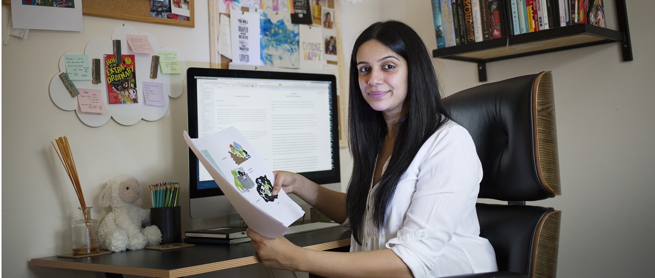Author Rashmi Sirdeshpande at her desk at home
