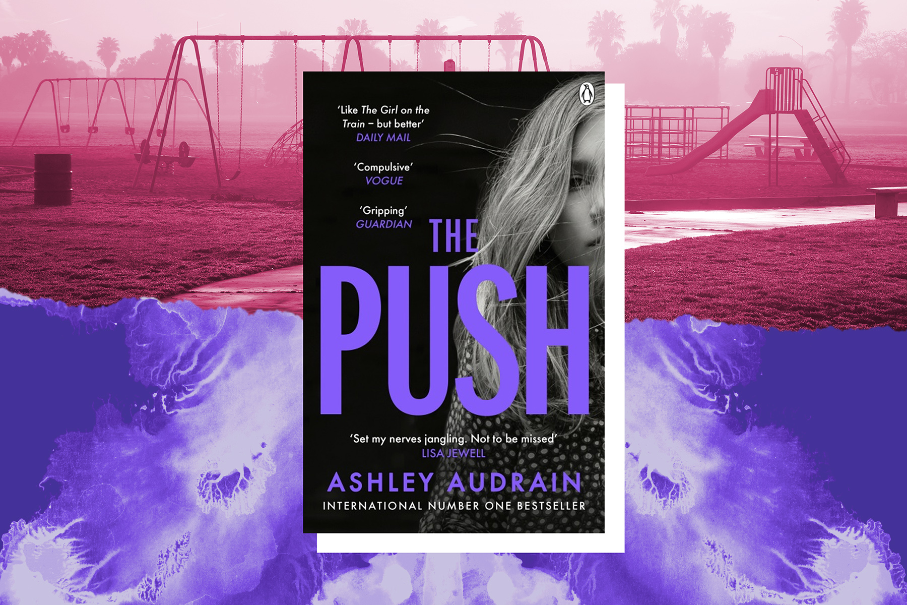 The cover of The Push against a collaged background of purple clouds and a pink swingset
