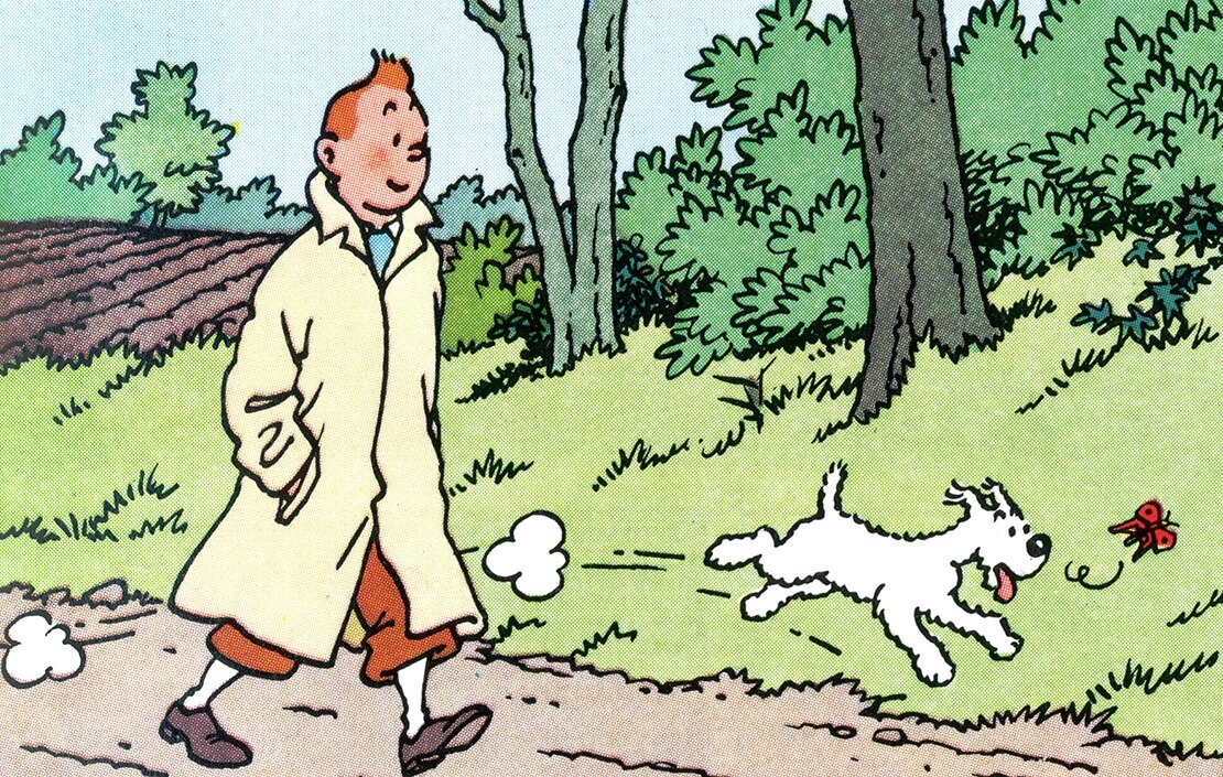 An Hergé illustration showing Tintin and Snowy enjoying a walk through the countryside together.