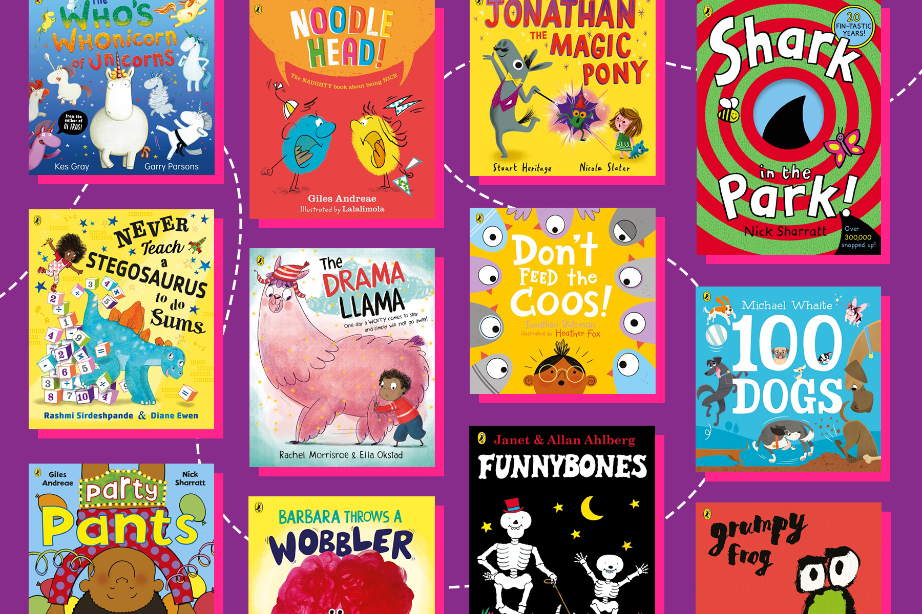 An image of a selection of funny books for under 5s on a purple background with white dotted lines