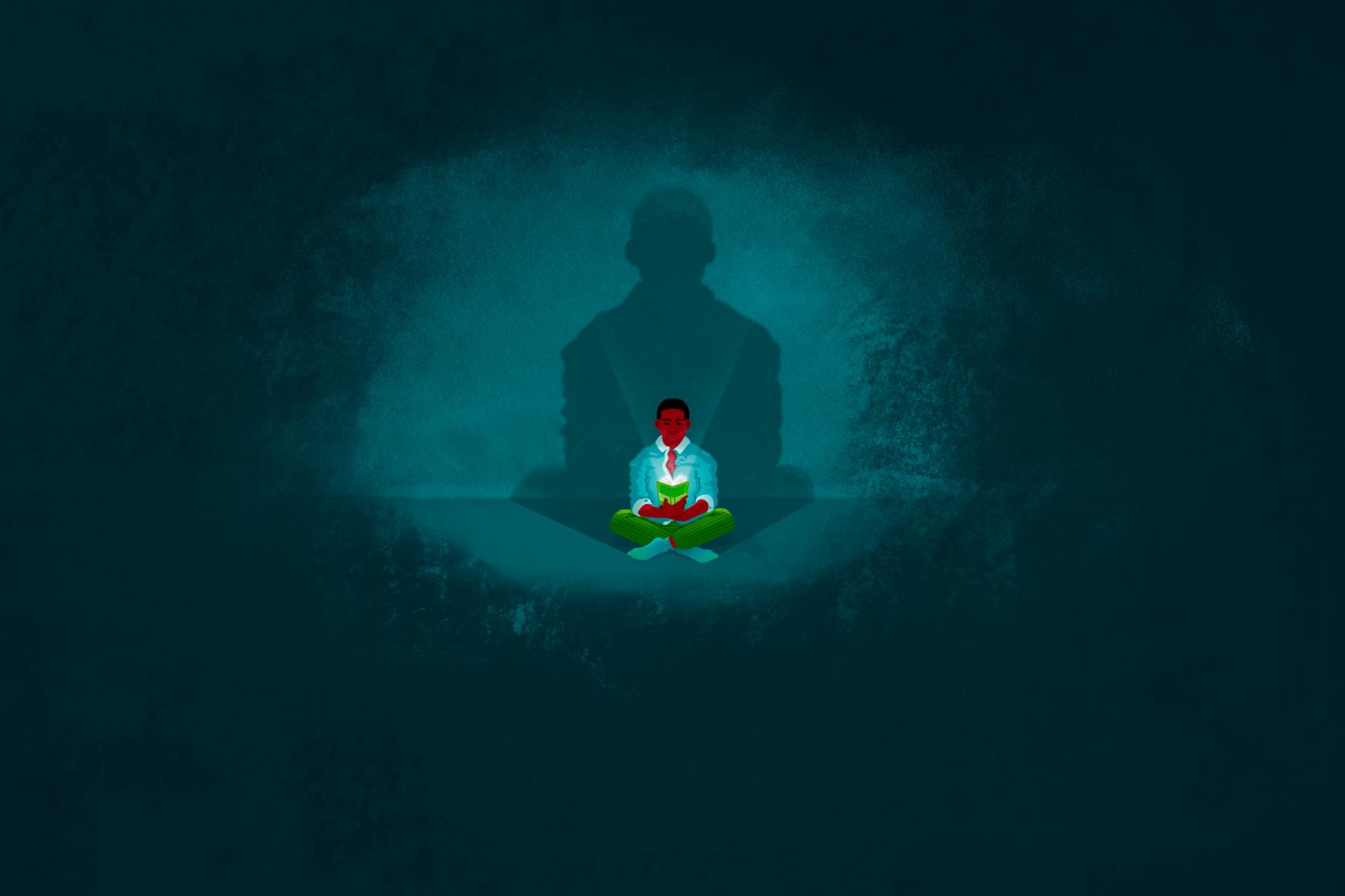 An illustration of a person, small against a big, dark teal background, with an open book casting light upwards on their face.