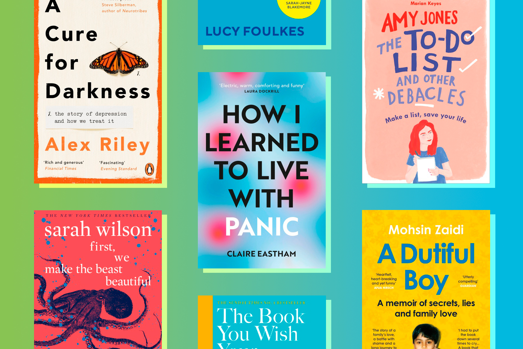 Books about mental health against a colourful background.