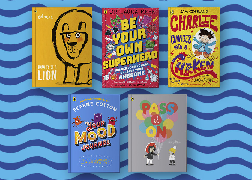 An image showing a selection of books that help children with feelings and emotions on a light blue background with dark navy, wavy lines