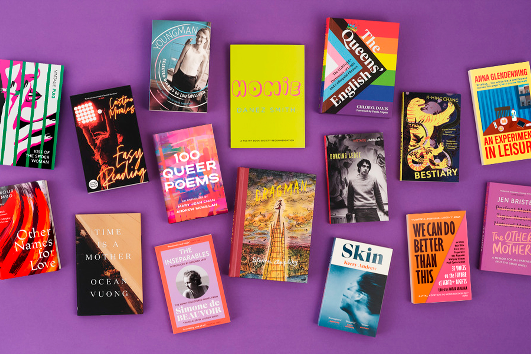 A selection of 16 Vintage books against a purple background.