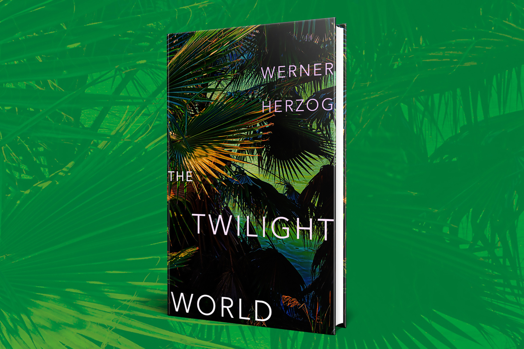 Image of a book, The Twilight World by Werner Herzog, against a green jungle background