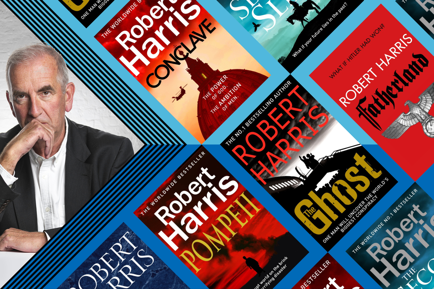 An image of Robert Harris next to a flatlay of his books on a blue background