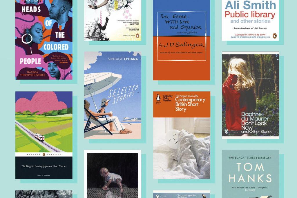A collage of book covers on a pale blue background.