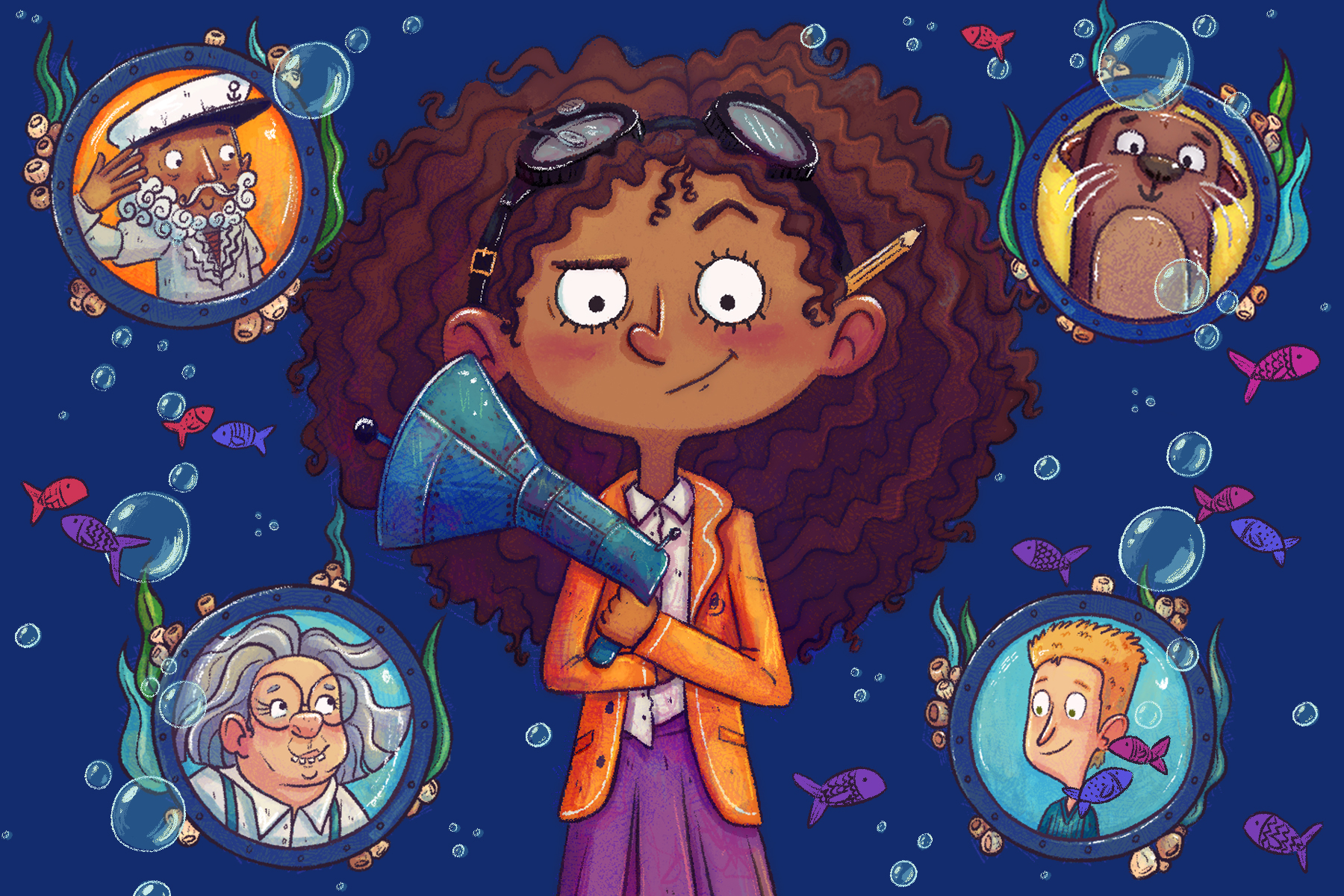 An illustration from Leonora Bolt: Deep Sea Calamity showing Leonora standing in the centre with her arms crossed and holding an invention against a dark blue background with bubbles, seaweed and shells. Around her are four other illustrations of characters in the book