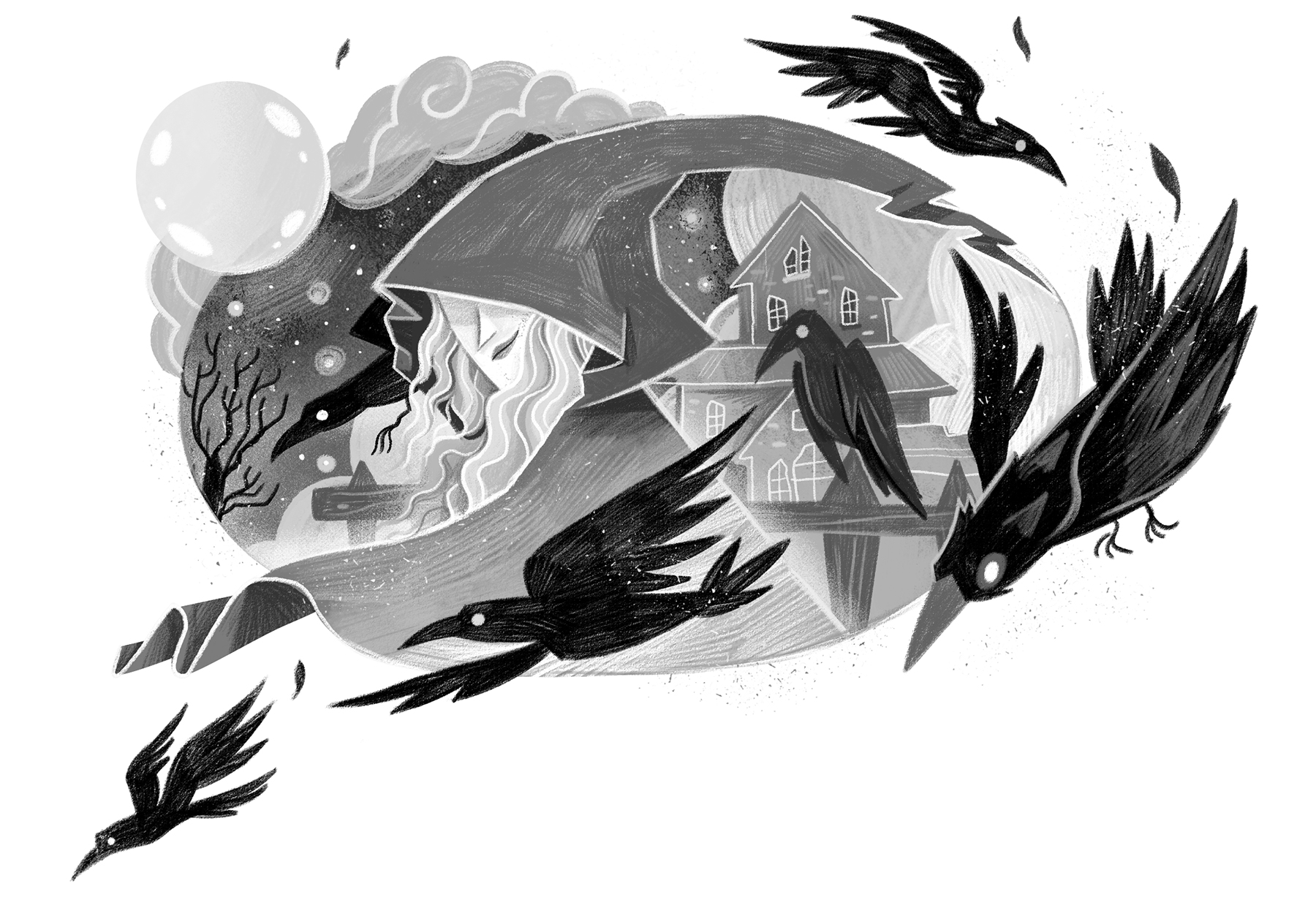 A black and white illustration of a witch with her face half covered by a hood, standing in front of a spooky-looking house. Around her fly a murder of crows.