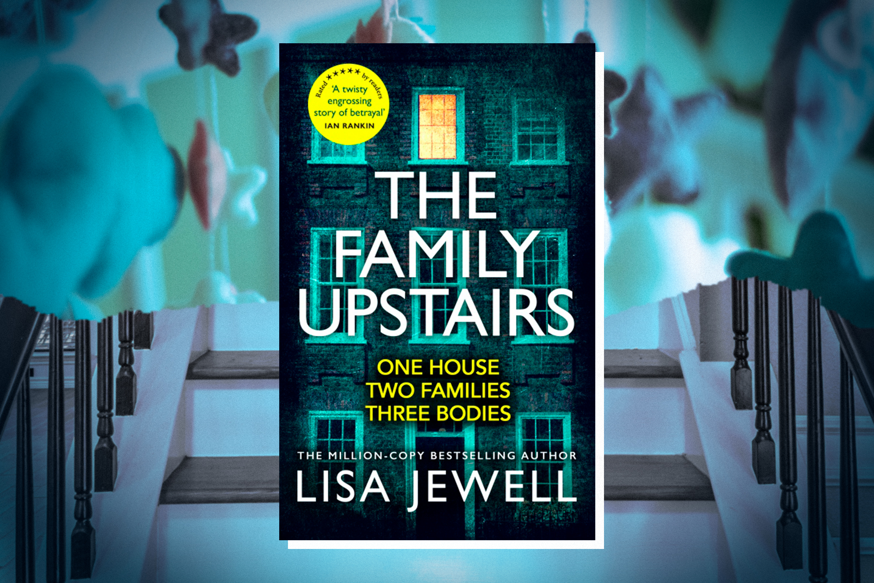 An image of Lisa Jewell's novel The Family Upstairs against a colourful but subdued backdrop.