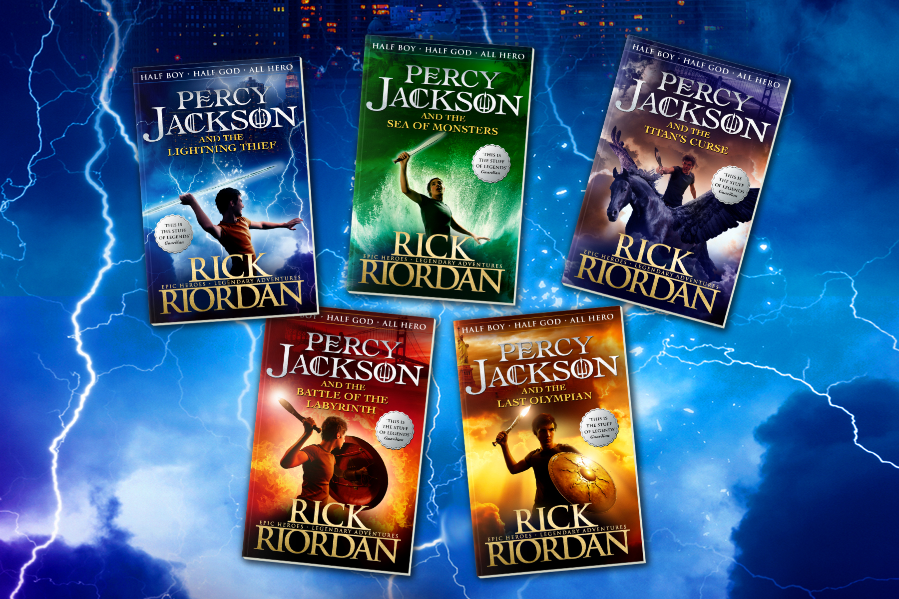 An image showing the five books in the Percy Jackson series on top of a blue and stormy sky with lightning bolts