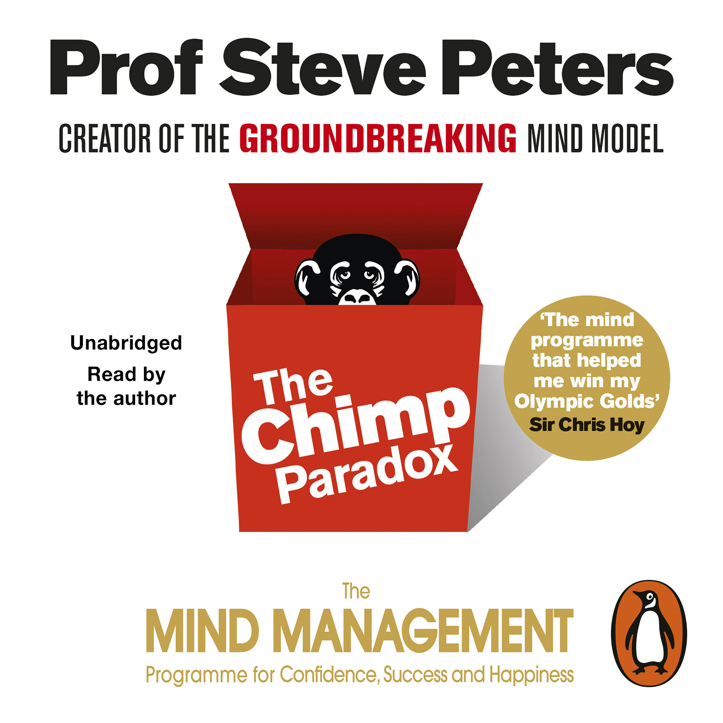 Audiobook image for The Chimp Paradox: white background with author name in black at the top. A red box with a chimp in it is in the centre, with the title in white across the box.