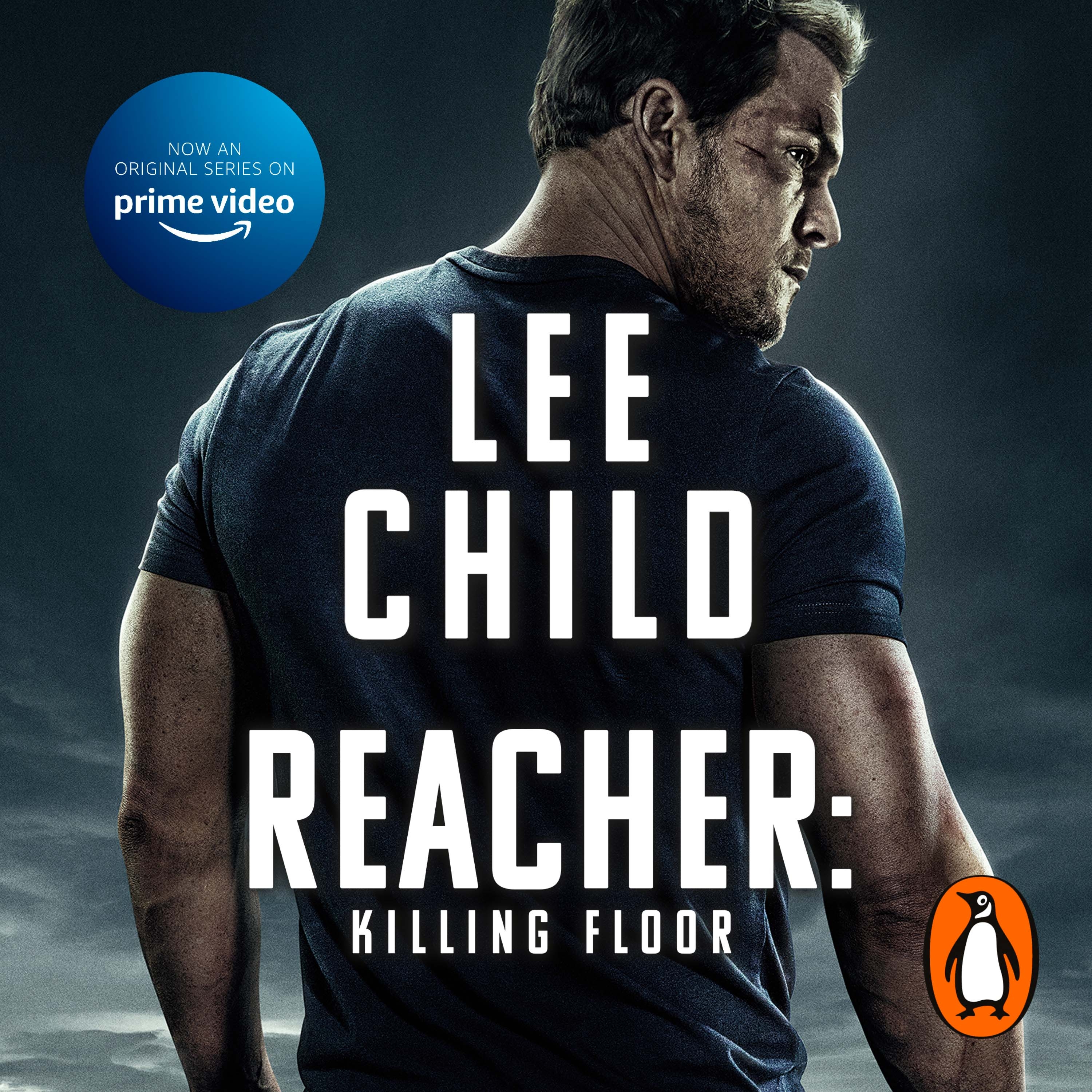 Cover of Lee Child's audiobook "Reacher: Killing Floor". A picture of Jack Reacher looking over his shoulders, with a cloudy background. The author name and title in large white text across the centre.