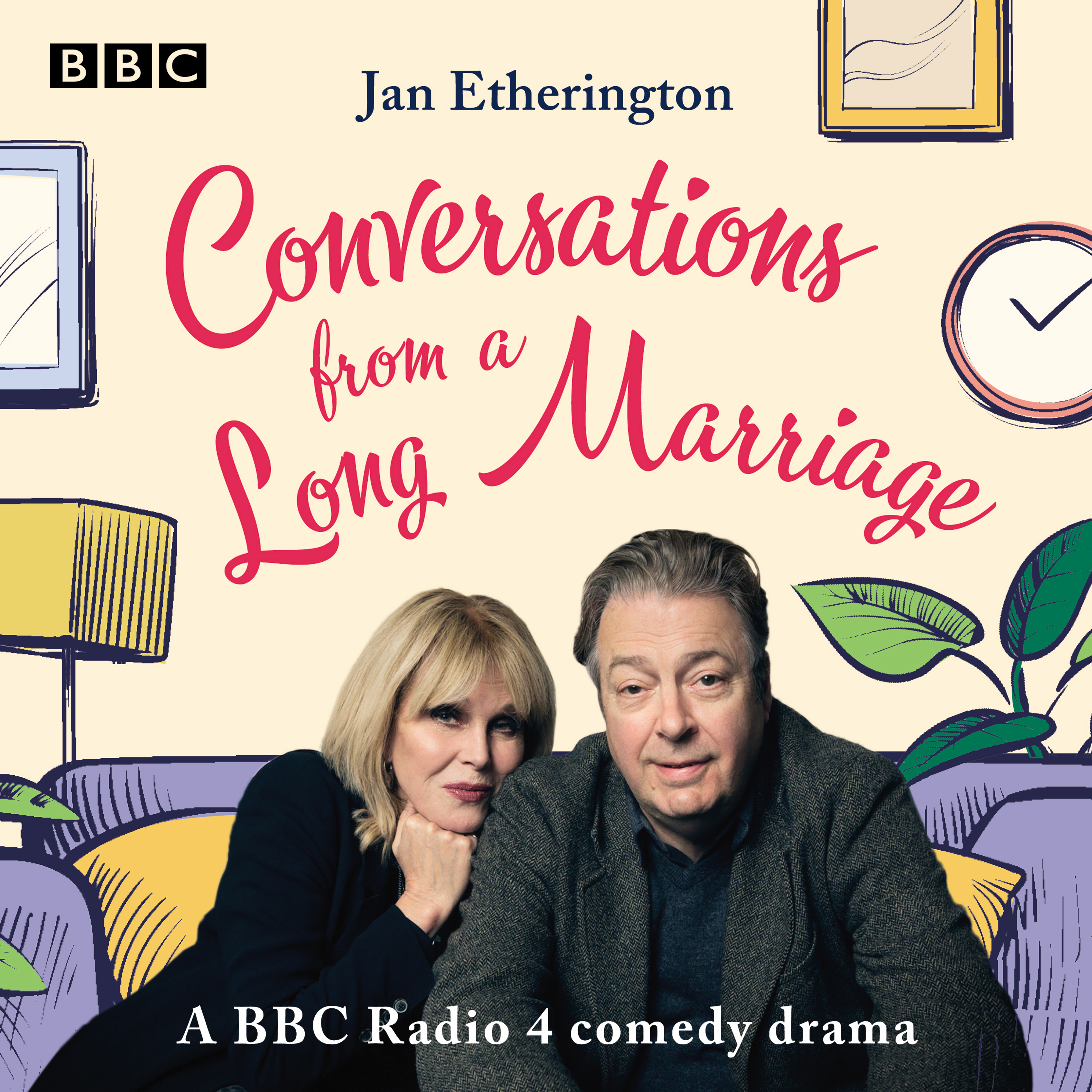Audiobook cover for "Conversations from a Long Marriage":Joanna Lumley and Roger Allam in the centre, with an illustrated sitting room scene behind them. The title in pink at the top.