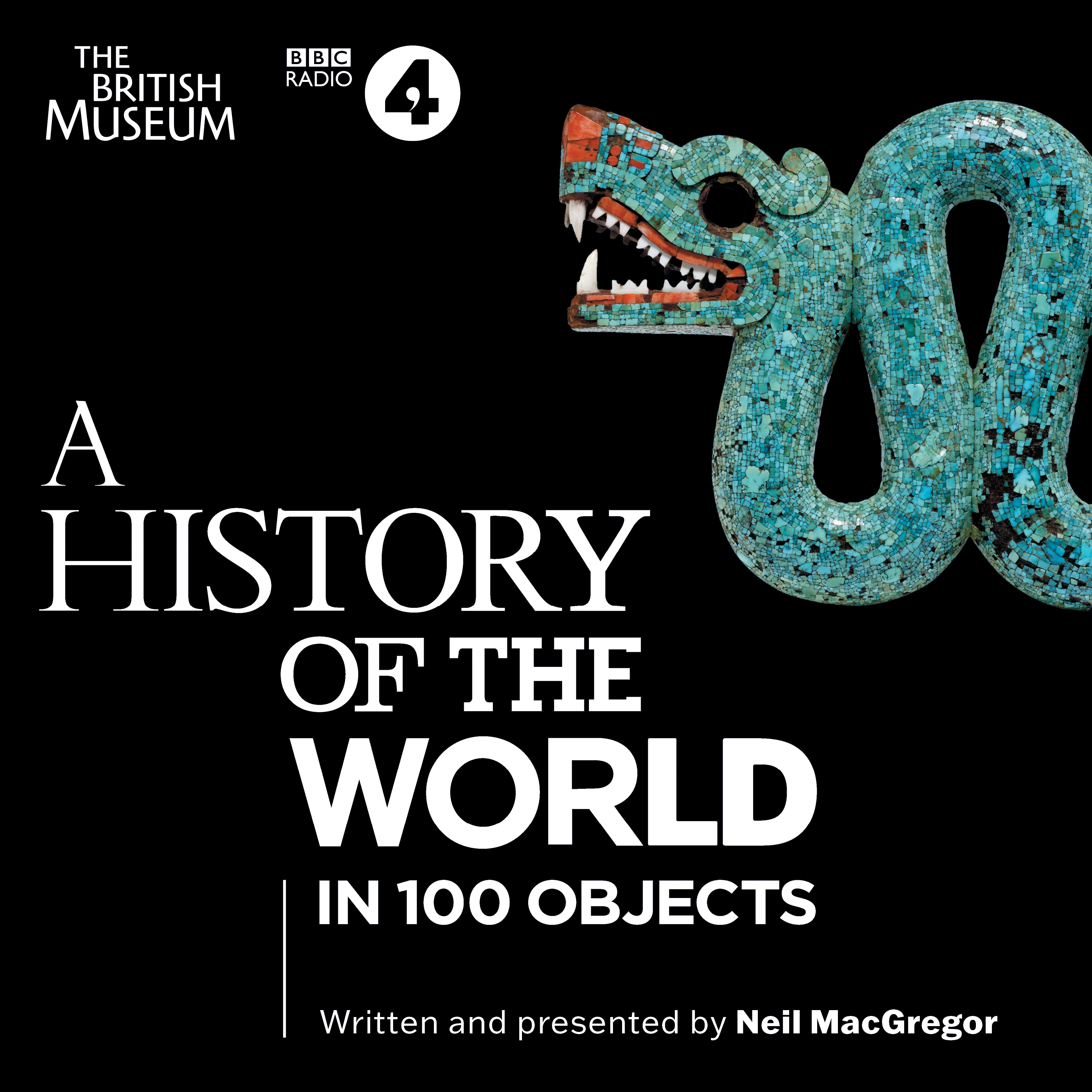 Audiobook cover for A History of the World in 100 Objects: black cover with a jade green snake ornament on the right, and the title stacked in white font along the left.