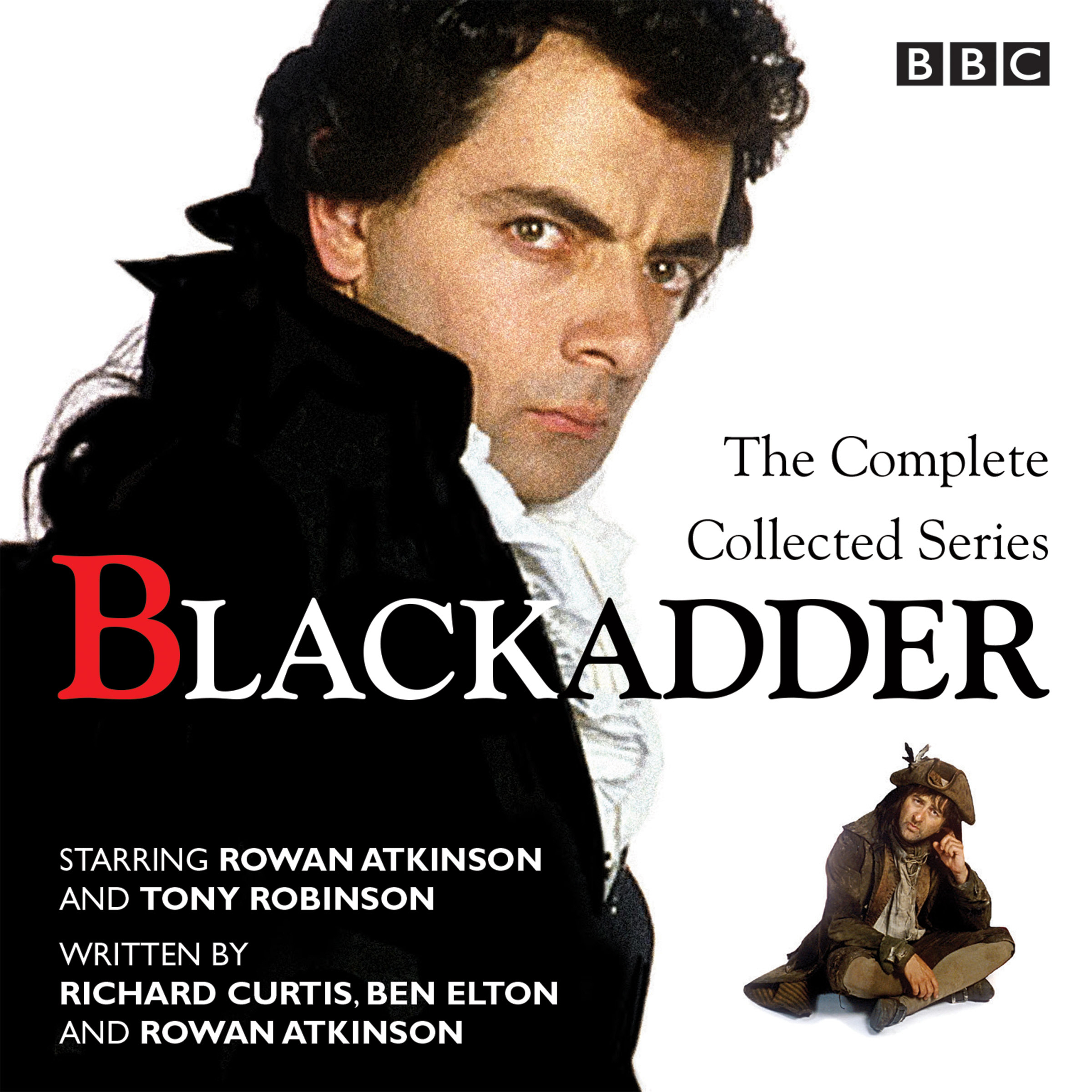 Audiobook cover for Blackadder: a photograph of Rowan Atkinson as Blackadder takes up most of the image, with Baldrick at the bottom and the title across the middle.