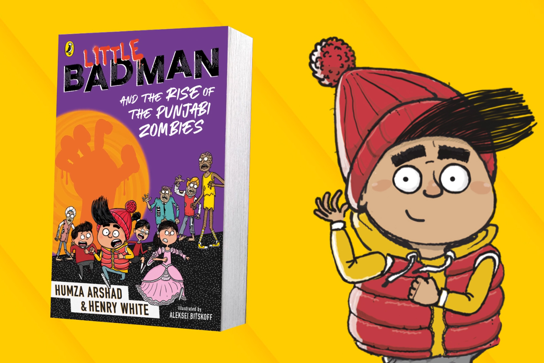 An image of the new book Little Badman and the Rise of the Punjabi Zombies against a yellow background and next to an illustration of the character Little Badman