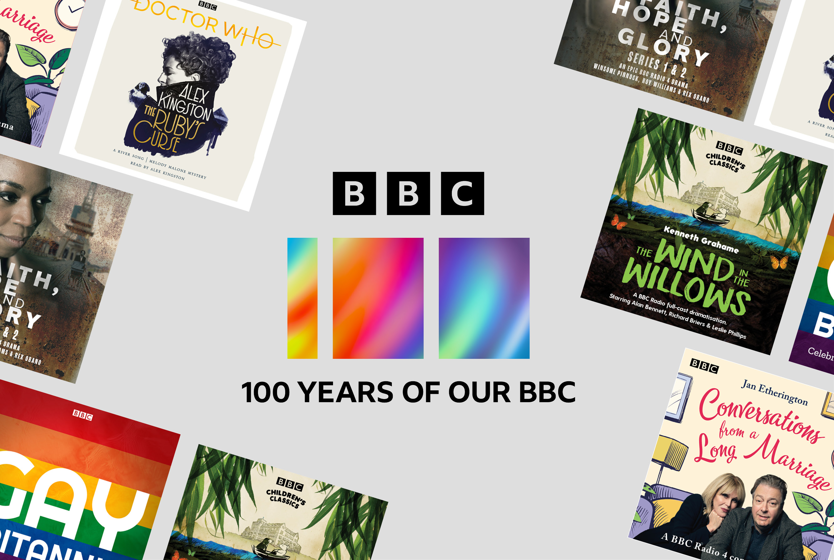A banner featuring the BBC logo in the centre, with "100" underneath it in rainbow colours, and "100 Years of Our BBC" in black text below that.