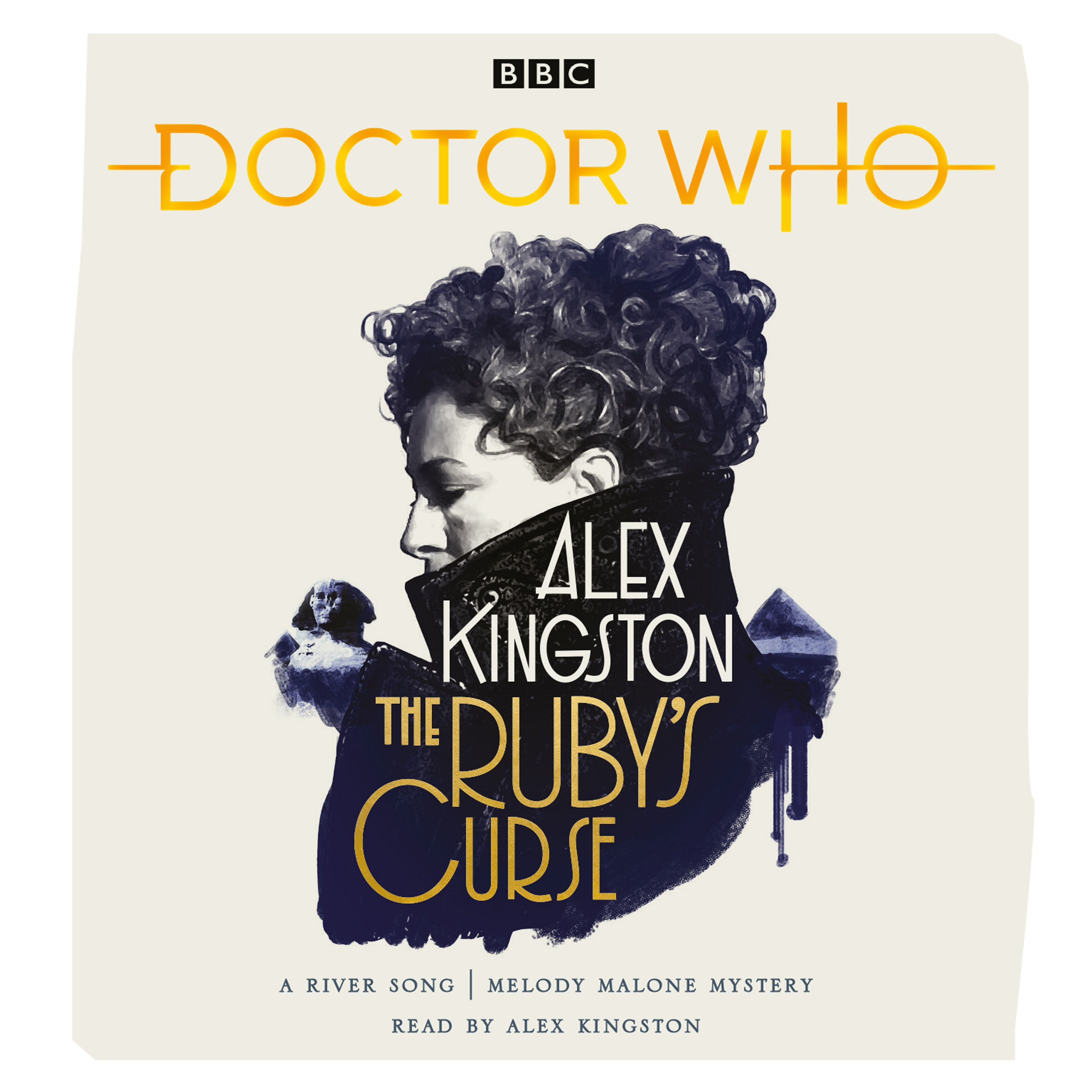 Audiobook cover for The Ruby's Curse: Cream background with Doctor Who logo at the top, and an illustration of River Song in the centre, with title and author name arranged within it.