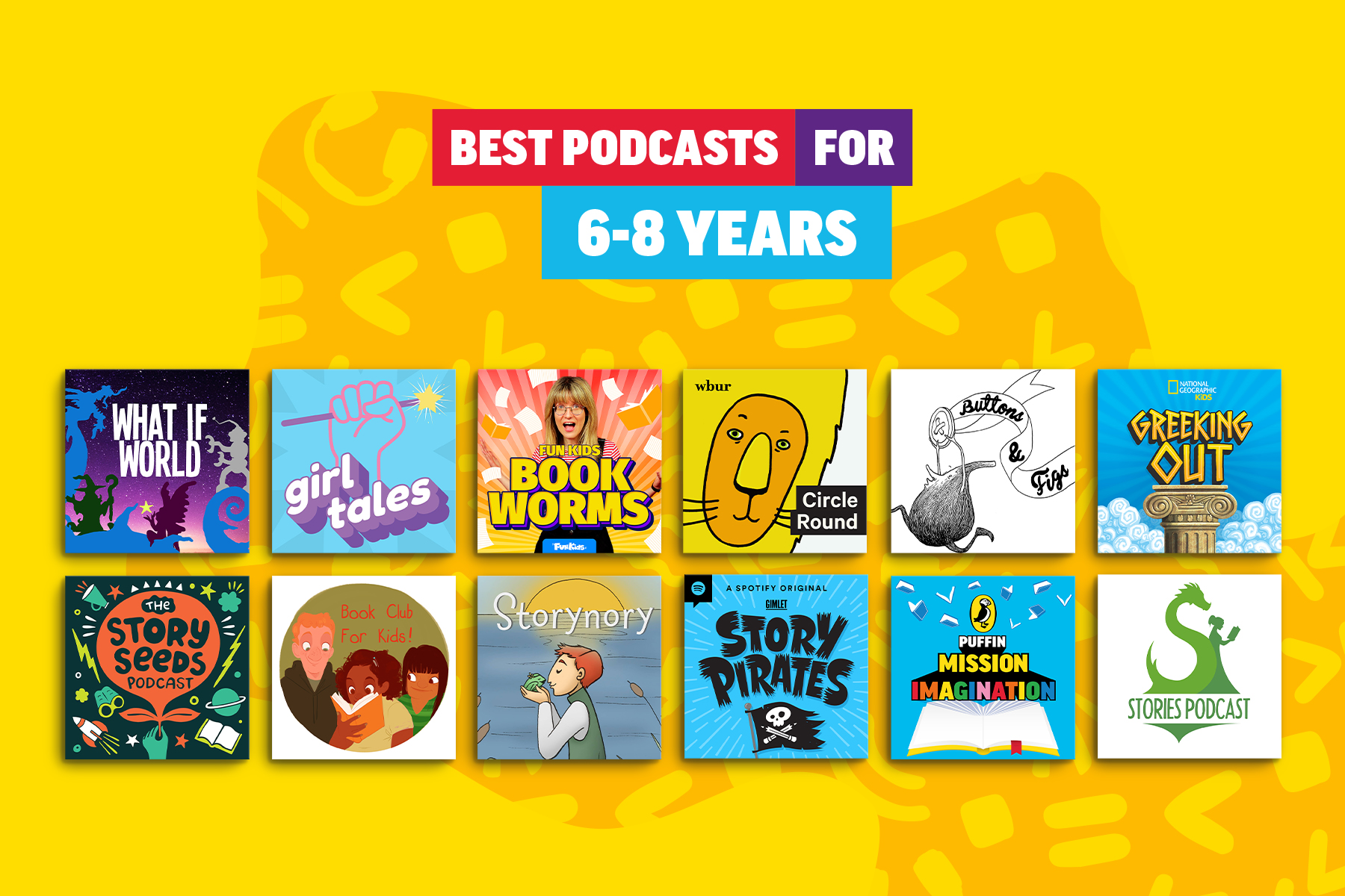 An image that shows 12 different podcasts on a bright yellow background with an orange splodge that has yellow doodles within it